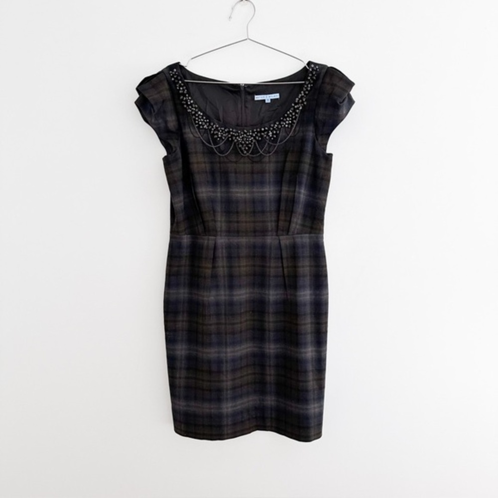 Antonio Melani Brown Plaid Sheath Dress With Beading & Chain Embellishments